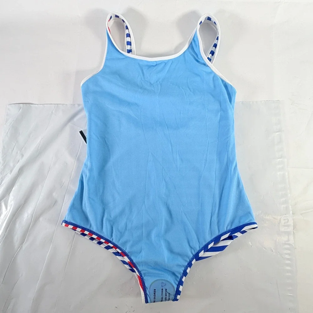 Speedo Girls One Piece Patriotic Stripe Blocked Swimsuit‎ True Cobalt Size 16